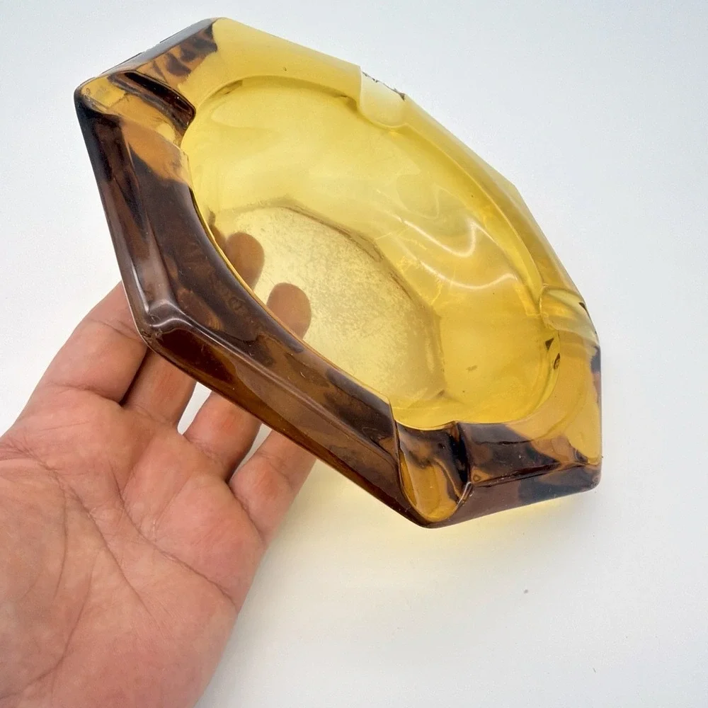 Vintage Amber Glass Ashtray Hexagonal Faceted Rim With Four Notches